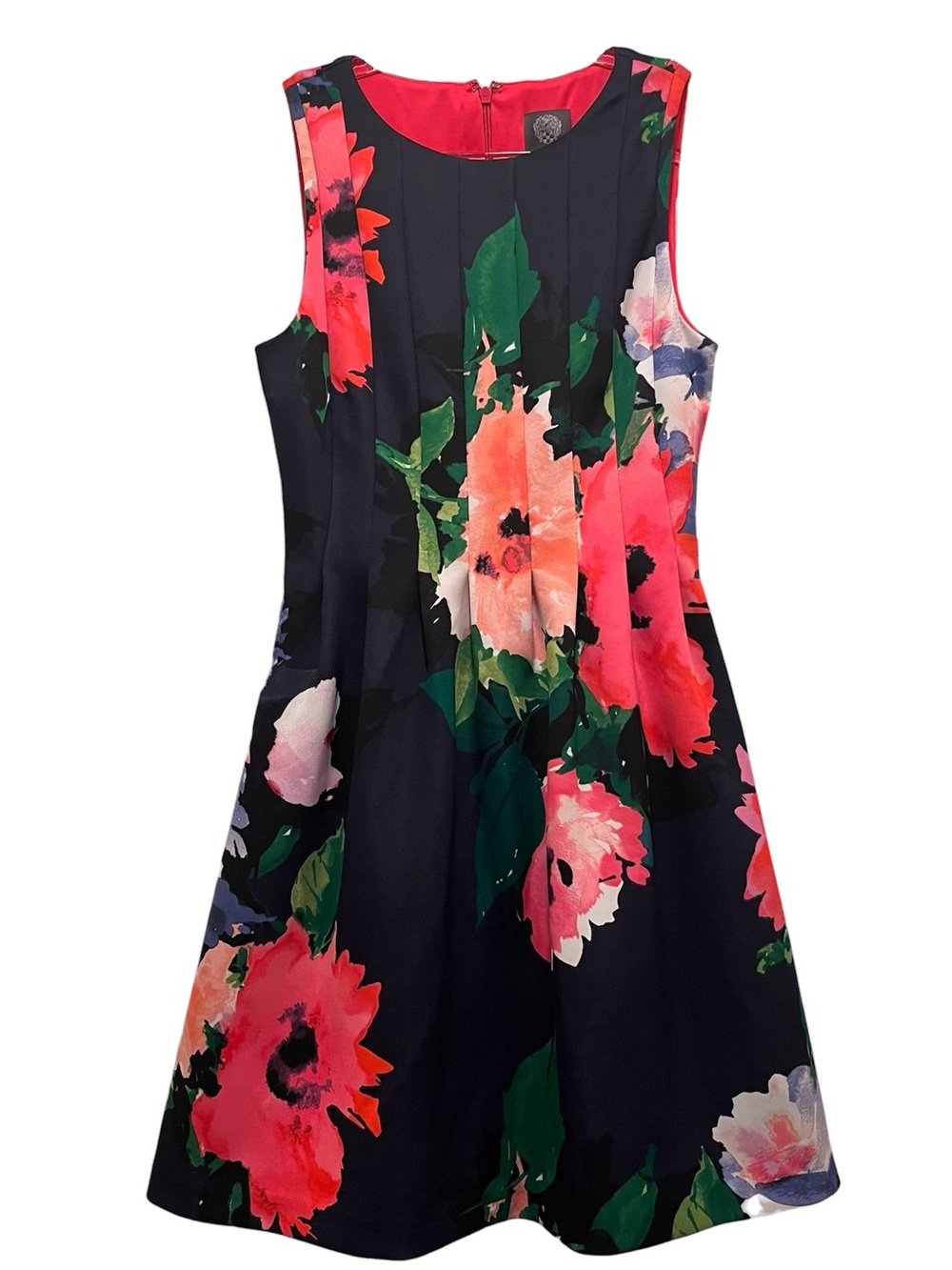 Vince Camuto Navy Floral Sz 4 Scuba Fit & Flare Stretch Sleeveless Dress Event